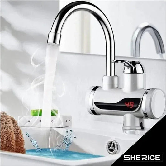 Modern chrome smart faucet with digital temperature display showing 49°C pouring hot water into sink