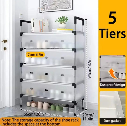 5-tier white dustproof shoe rack with metal frame, measuring 94cm high and 66cm wide, with shoes stored below