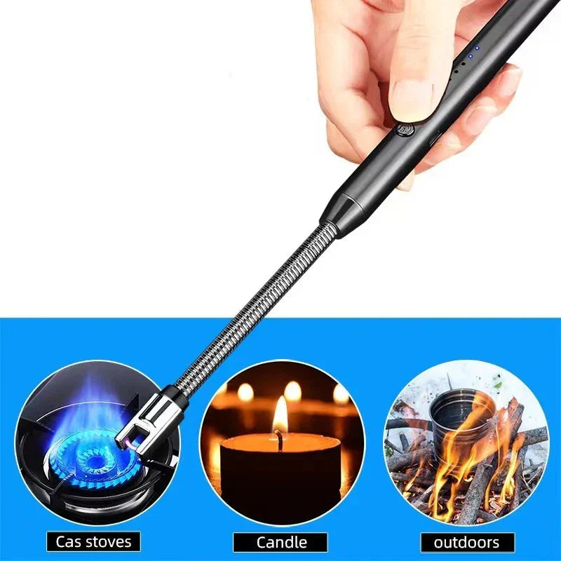 Hand holding black flexible electric lighter for gas stoves, candles, and outdoor fires