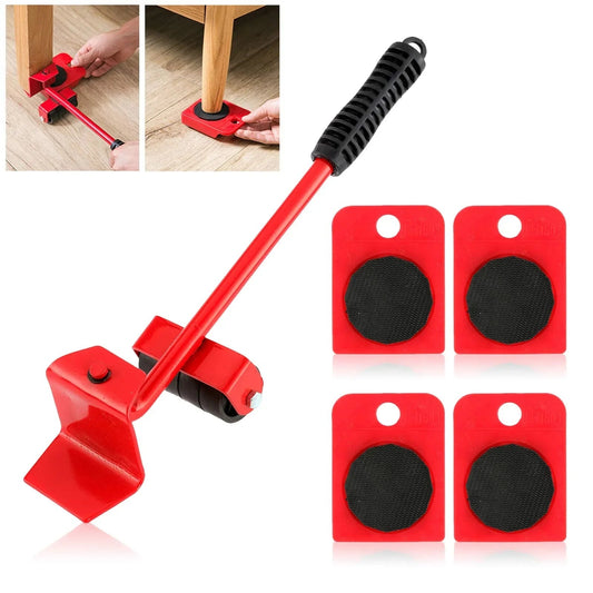 Red furniture moving tool with handle and four red sliders with black pads on wooden floor