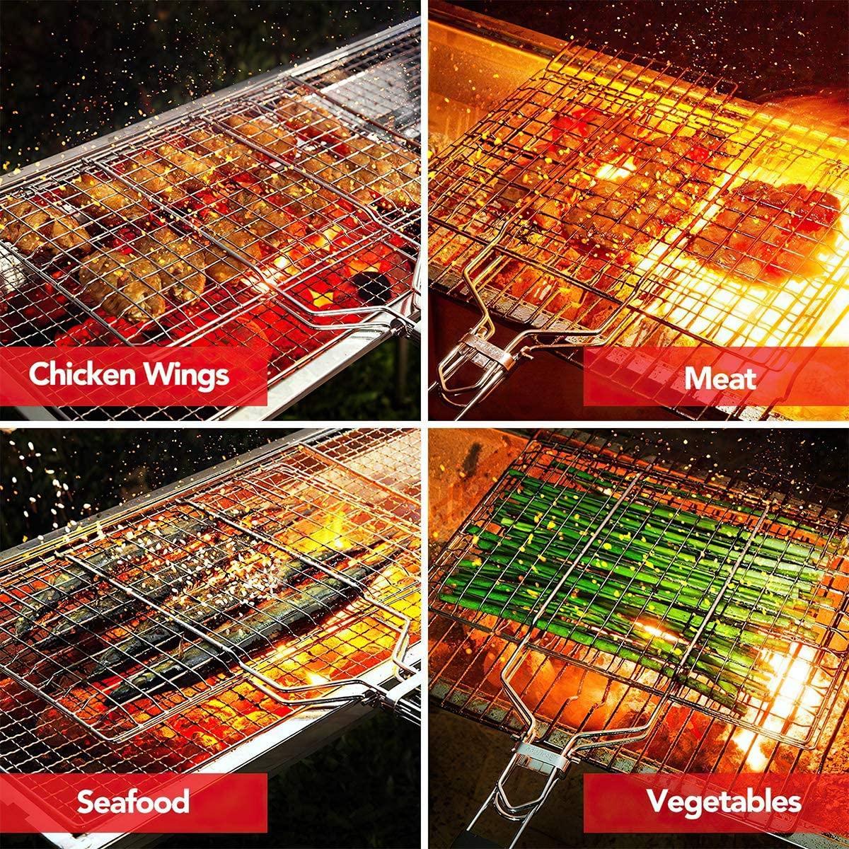 Collage of grilling chicken wings, meat, seafood, and vegetables on wire mesh barbecue grills over flames