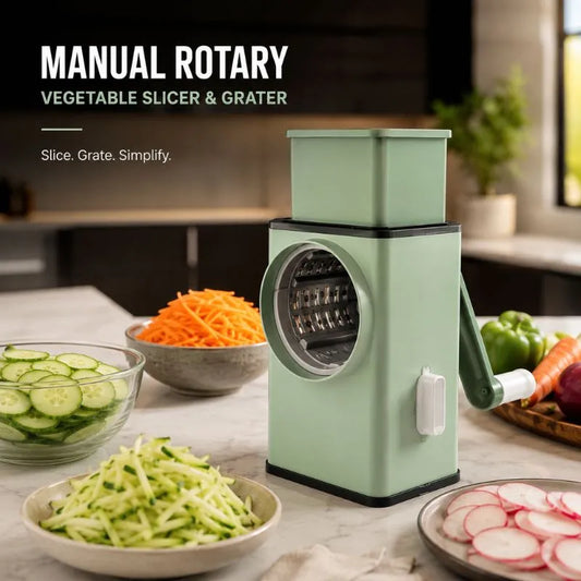 Manual Rotary Vegetable Slicer & Grater – Multi Blade Drum Cutter