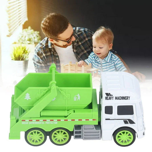 Father and toddler playing with green and white heavy machinery toy garbage truck
