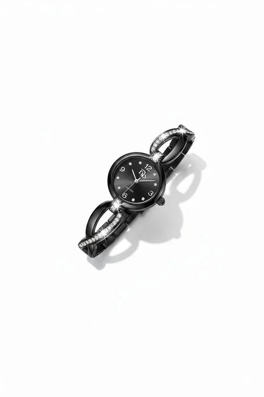 Elegant black wristwatch with a round dial and sparkling crystal-studded chain bracelet