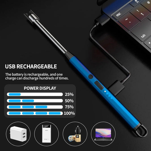 USB rechargeable blue inspection camera connected to laptop with power display chart and charging options