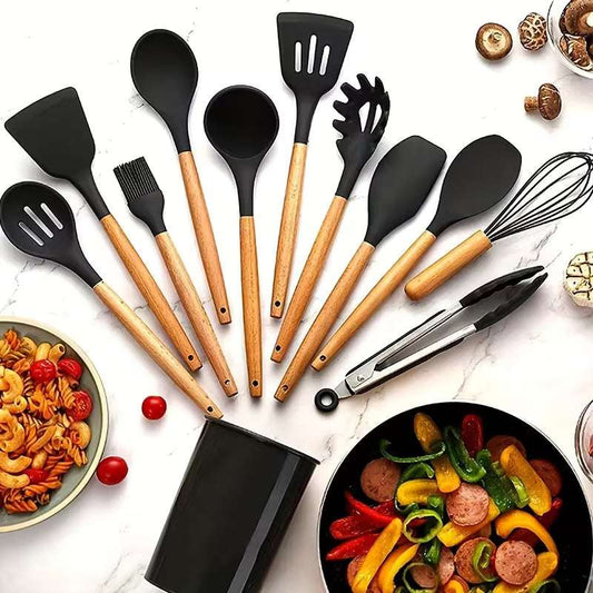 12-Piece Silicone Kitchen Utensil Set with Wooden Handles