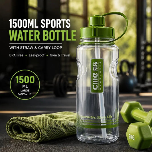 1500ML Sports Water Bottle with Straw & Carry Loop – BPA Free Leakproof Gym & Travel Bottle