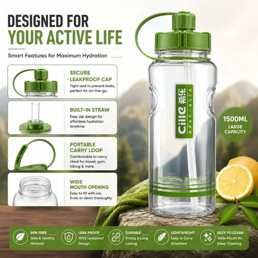 1500ML Sports Water Bottle with Straw & Carry Loop – BPA Free Leakproof Gym & Travel Bottle