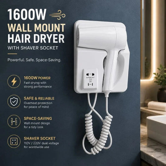 1600W Wall Mount Electric Hair Dryer with Shaver Socket – Powerful, Safe & Space-Saving Solution