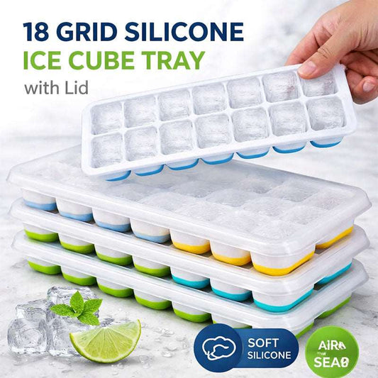 18 Cubes Silicone Base Ice Cube Tray with Lid