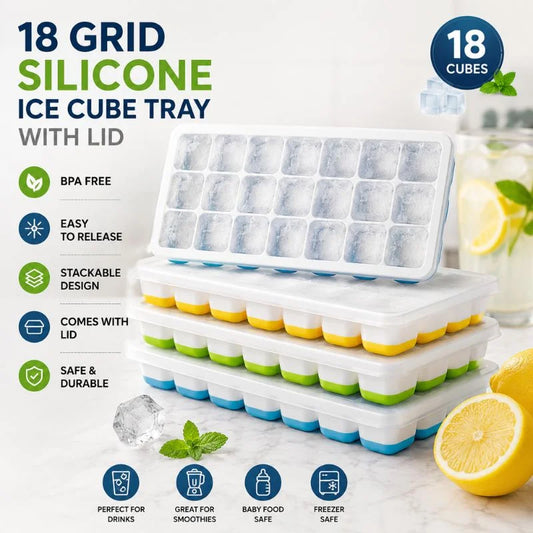 18 Cubes Silicone Base Ice Cube Tray with Lid