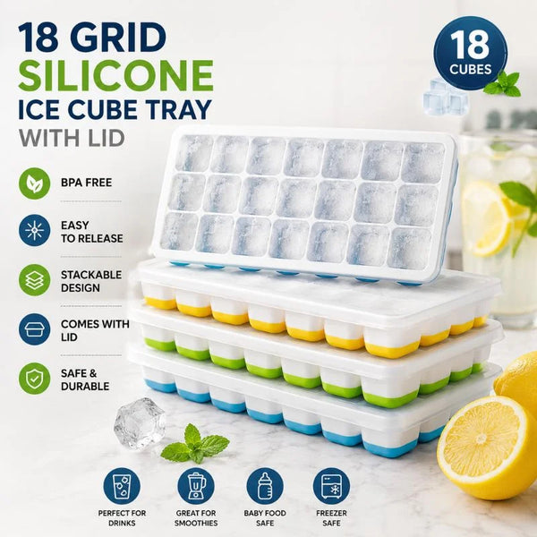 18 Cubes Silicone Base Ice Cube Tray with Lid