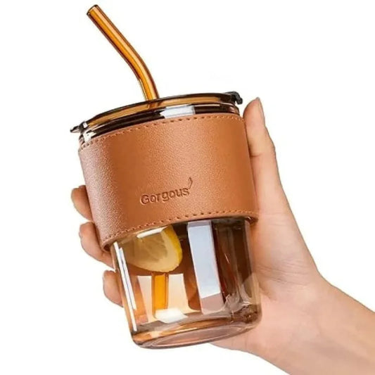 Bamboo Joint Glass Cup with Lid & Straw