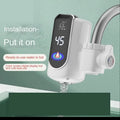 Digital water heater with color screen display showing 45°C installed on kitchen faucet with hot and cold dual-use control