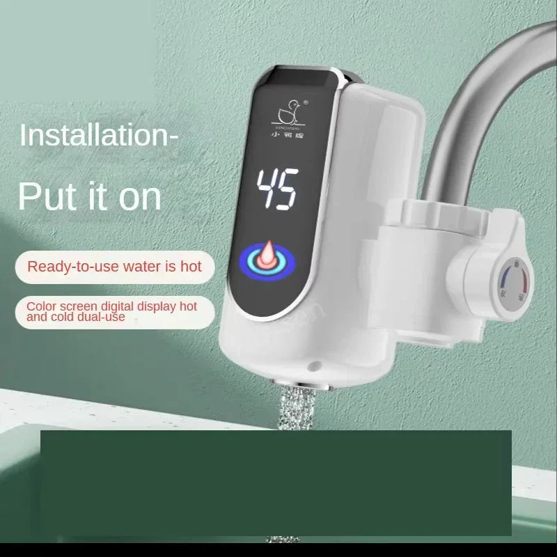 Digital water heater with color screen display showing 45°C installed on kitchen faucet with hot and cold dual-use control