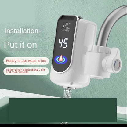 Digital water heater with color screen display showing 45°C installed on kitchen faucet with hot and cold dual-use control
