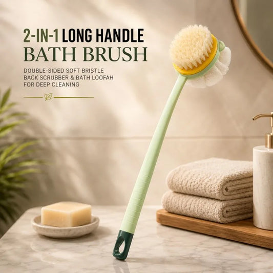 2-in-1 Long Handle Bath Brush – Double-Sided Soft Bristle Back Scrubber & Bath Loofah for Deep Cleaning