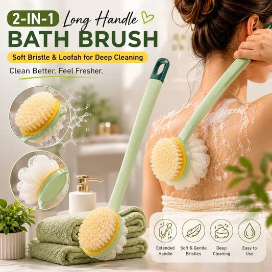2-in-1 Long Handle Bath Brush – Double-Sided Soft Bristle Back Scrubber & Bath Loofah for Deep Cleaning