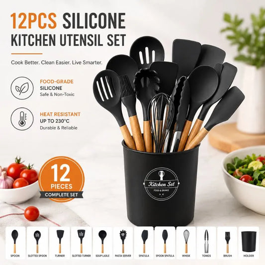 12-Piece Silicone Kitchen Utensil Set with Wooden Handles