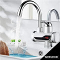 Modern chrome smart faucet with digital temperature display showing 49°C pouring hot water into sink