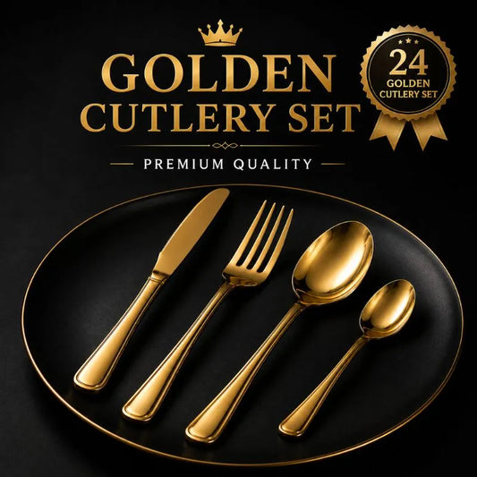 24 PCS Gold Cutlery Set – Stainless Steel Spoon Fork Knife Set for Dining