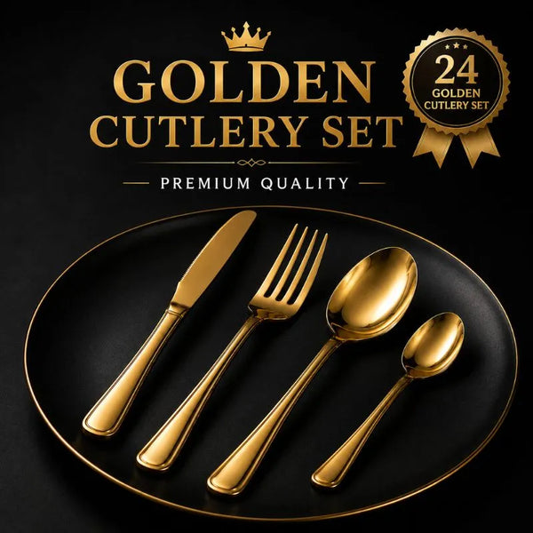 24 PCS Gold Cutlery Set – Stainless Steel Spoon Fork Knife Set for Dining