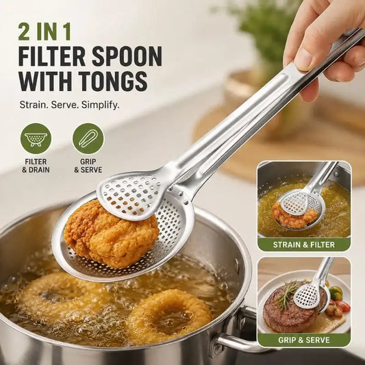 2-in-1 Filter Spoon with Tongs – Strainer & Serving Clip