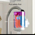 Transparent digital water heater with temperature display installed on kitchen faucet with water flow