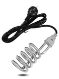 Electric immersion water heater coil with black power cord and plug on white background