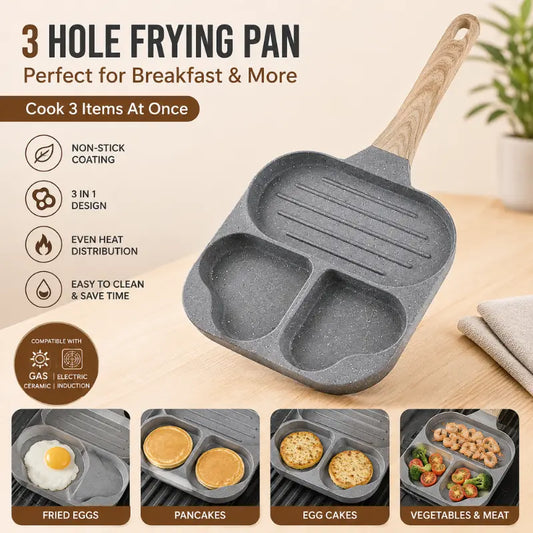 3 Hole Non Stick Frying Pan for Eggs Pancakes and Breakfast