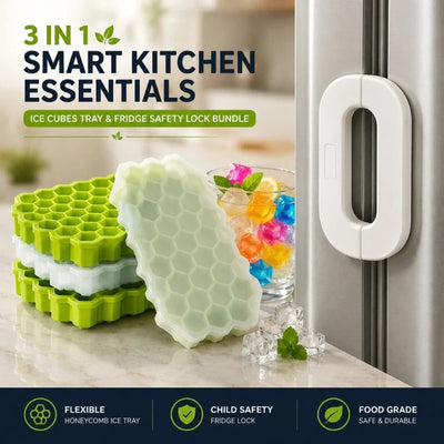 3 in 1 Smart Kitchen Essentials Ice Cubes Tray & Fridge Safety Lock Bundle