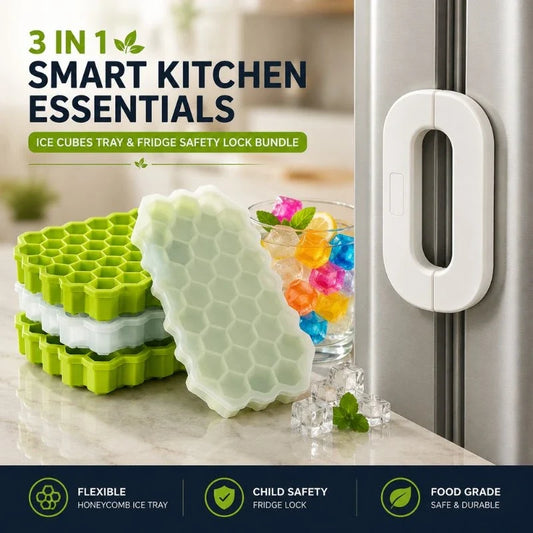3 in 1 Smart Kitchen Essentials Ice Cubes Tray & Fridge Safety Lock Bundle