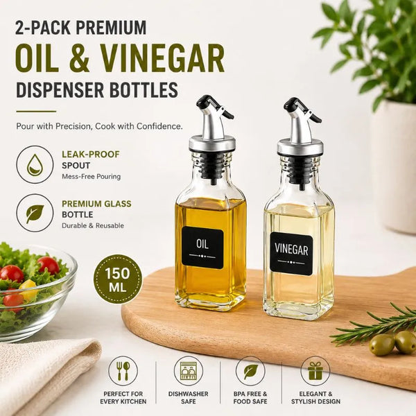 2-Pack Premium Glass Oil & Vinegar Dispenser Bottles (150ML x2)