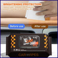 Car leather seat being cleaned with protective wipe showing before and after use for brightening and moisturizing