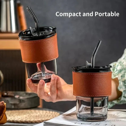 Bamboo Joint Glass Cup with Lid & Straw