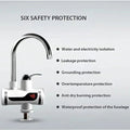Electric faucet with digital temperature display and six safety protections including water-electricity isolation, leakage and grounding protection.