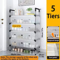 5-tier white dustproof shoe rack with metal frame, measuring 94cm high and 66cm wide, with shoes stored below