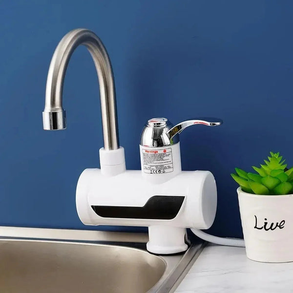 Modern white electric instant hot water faucet installed on stainless steel sink with blue background