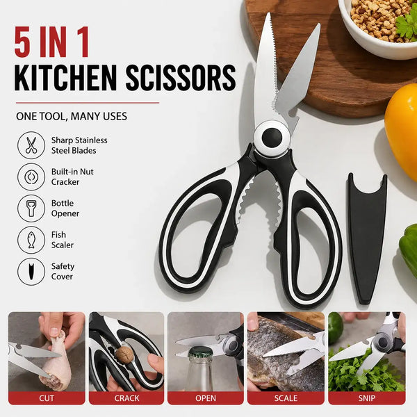 5-in-1 Multi Functional Kitchen Scissors, Stainless Steel Heavy Duty