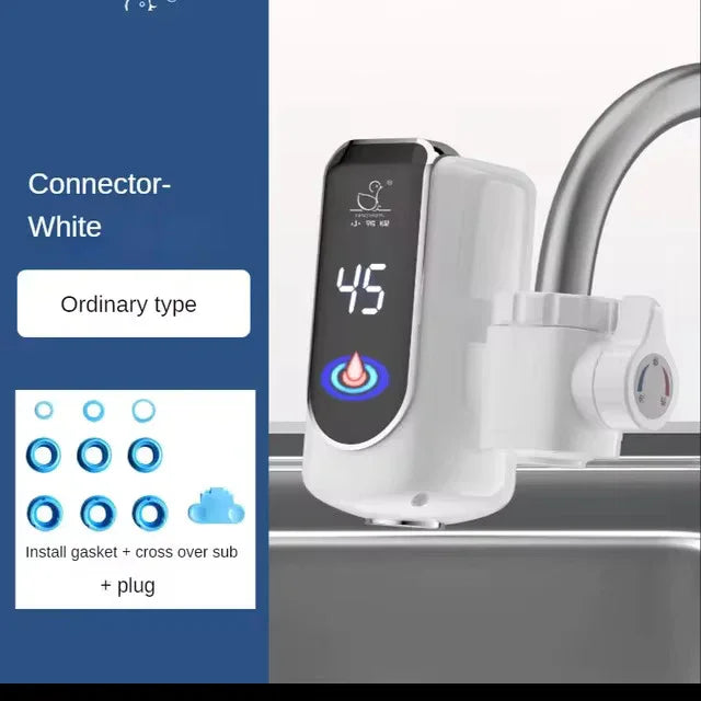 White faucet water heater with digital temperature display showing 45°C and control knob on kitchen sink