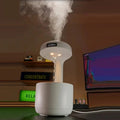 Modern white humidifier releasing steam in cozy room with 'concentrate' and 'relax' signs