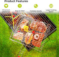 Chromium plated iron barbecue grill basket with foldable handle cooking steak and vegetables on charcoal grill