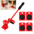 Red furniture moving tool with handle and four red sliders with black pads on wooden floor