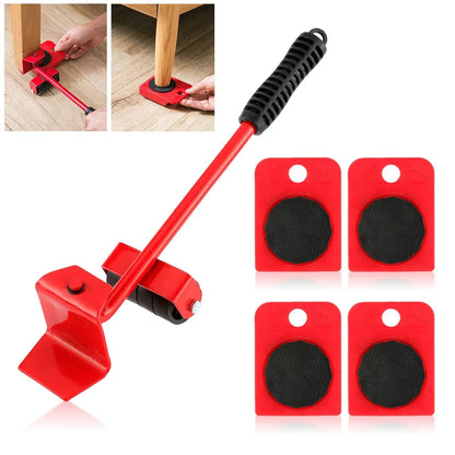 Red furniture moving tool with handle and four red sliders with black pads on wooden floor