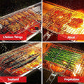 Collage of grilling chicken wings, meat, seafood, and vegetables on wire mesh barbecue grills over flames