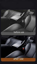 Before and after comparison of car interior with black leather seats showing cleaning product effectiveness