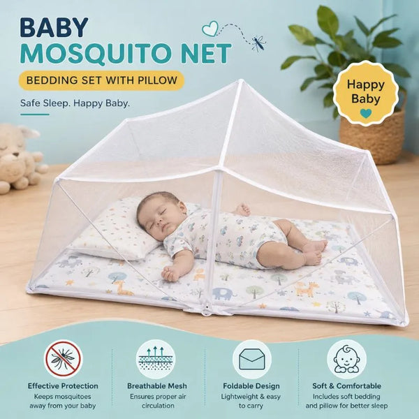 Baby Mosquito Net Bedding Set with Pillow – Foldable Infant Sleeping Bed with Protective Mosquito Net