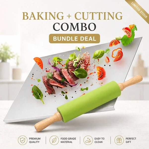 Baking & Cutting Combo – Stainless Steel Chopping Board + Silicone Rolling Pin