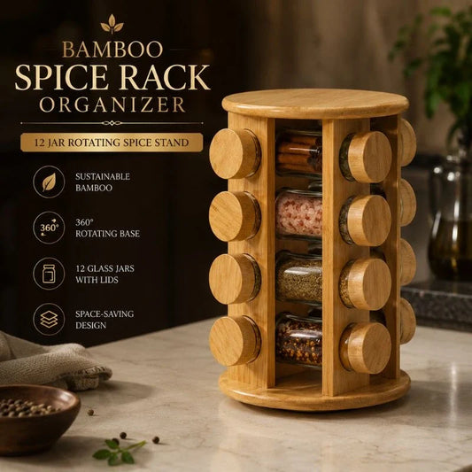 Bamboo Spice Rack Organizer - 12 Jar Rotating Spice Stand