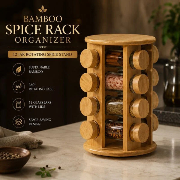 Bamboo Spice Rack Organizer - 12 Jar Rotating Spice Stand